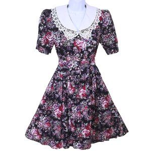 80's Brandywine Creek Dark Floral Prairie Dress Granny Lace Collar 9/10 Puffy SS